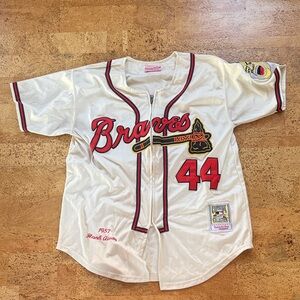 Hank Aaron Atlanta Braves Men's Cream Jersey with Red and Black Details